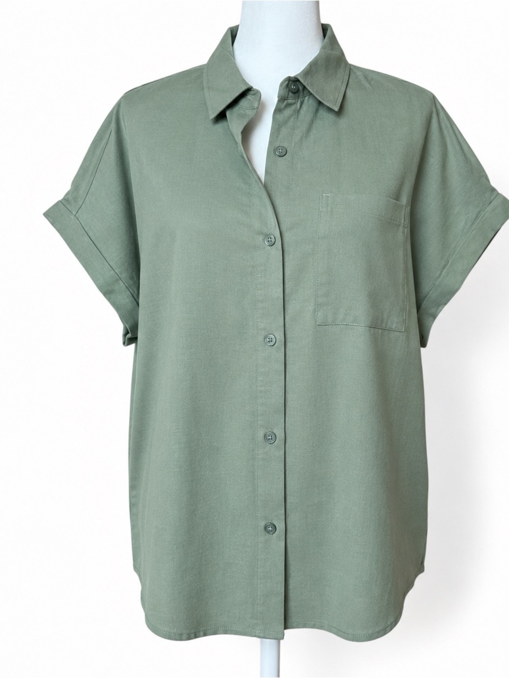 NWT Nine West Linen Blend Button Front Shirt Olive Green L